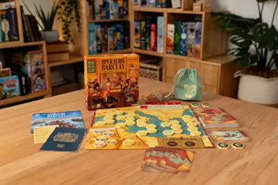 All components of Operation Barclay, including card decks, evidence tokens, tiles, and historical figure cards.
