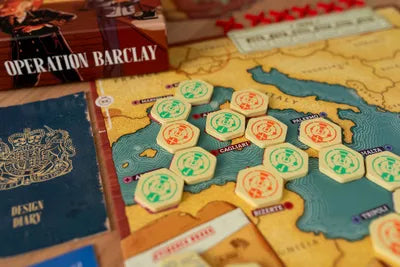Operation Barclay arranged for play with tiles, cards, and evidence tokens ready.