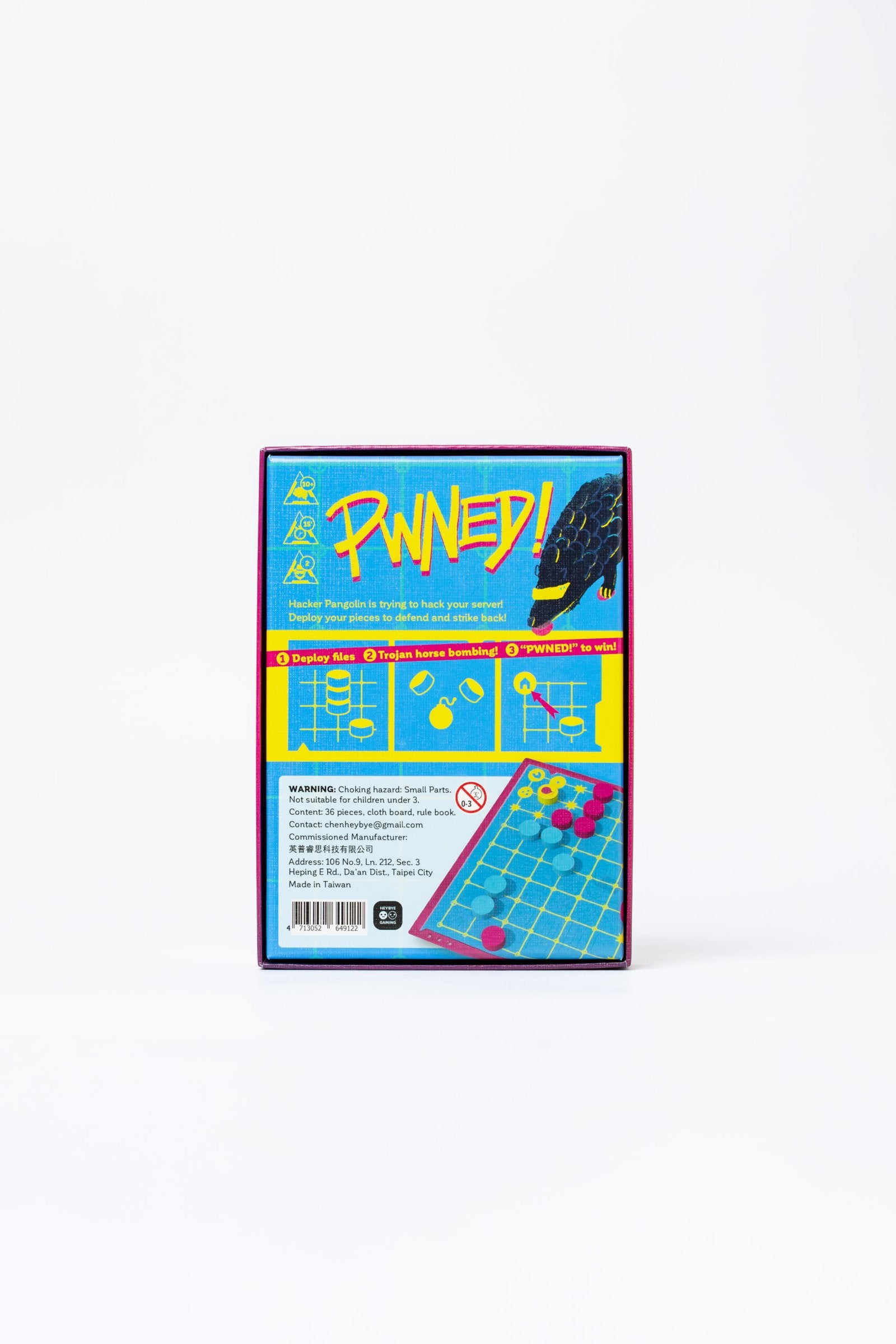 Back side of PWNED! box showing components and gameplay overview.