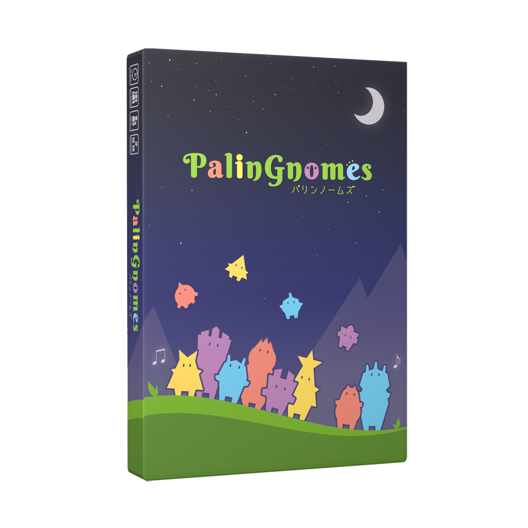 Front cover of PalinGnomes board game by PhantomLab featuring singing gnome artwork.