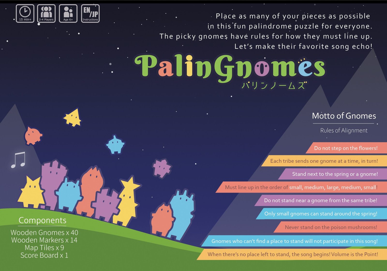 PalinGnomes prepared for play with gnomes arranged in size order on the board.