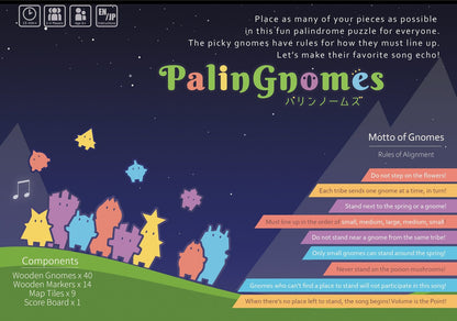 PalinGnomes prepared for play with gnomes arranged in size order on the board.