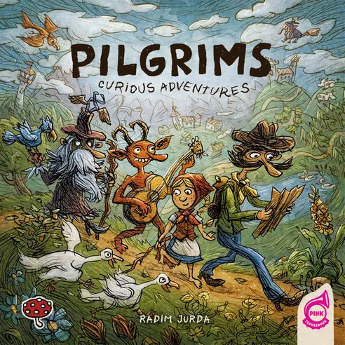 Front cover of Pilgrims: Curious Adventures board game featuring whimsical fairytale artwork.