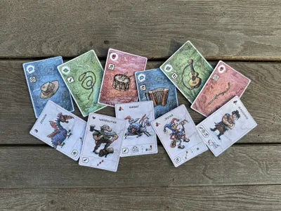 All Pilgrims: Curious Adventures components including adventure cards, item tokens, and companion cards.