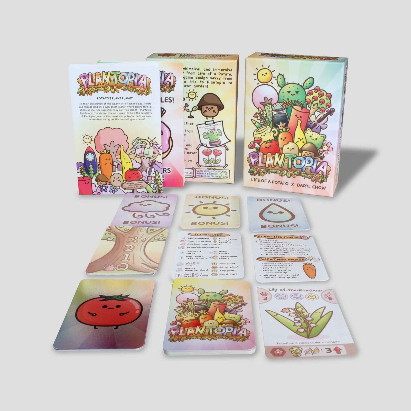 Plantopia cards and components spread on table