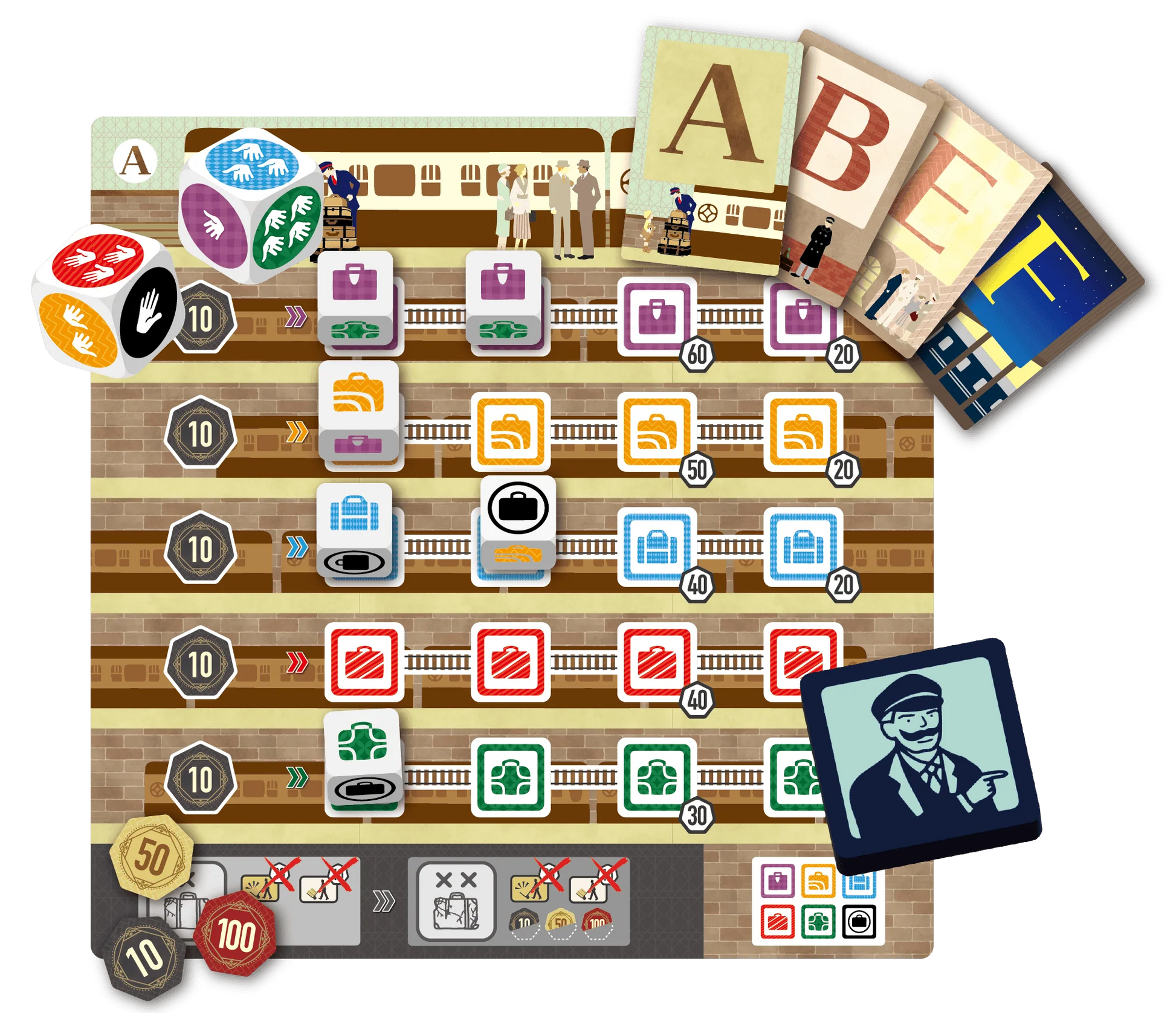 Railway Porters setup – station boards and luggage dice ready to play