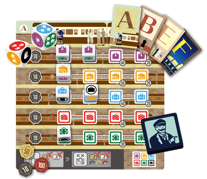 Railway Porters setup – station boards and luggage dice ready to play