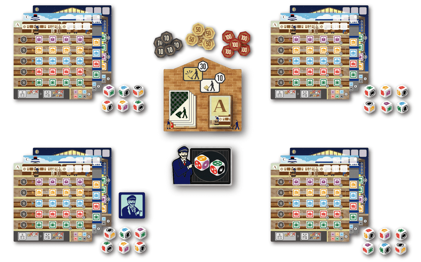Railway Porters components – 26 dice, 12 station boards and tokens