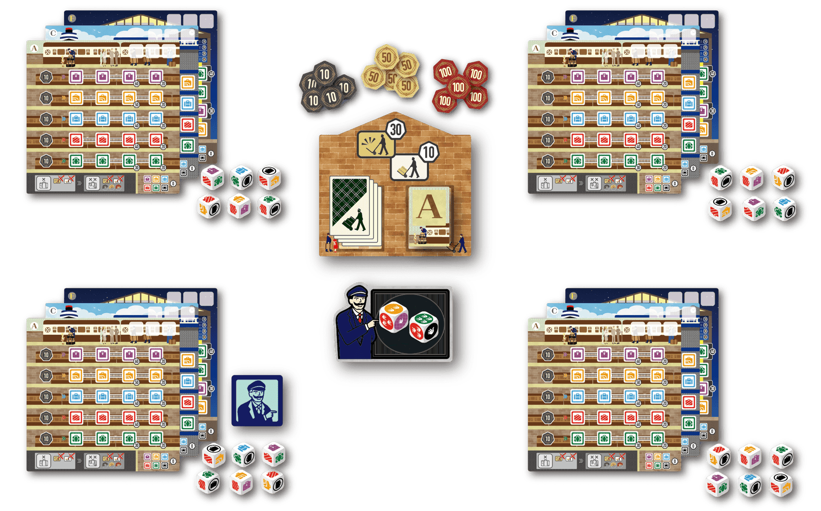 Railway Porters components – 26 dice, 12 station boards and tokens