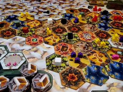 Players exploring, activating actions, and developing engines in Recall, the strategic civilization game from Korea.