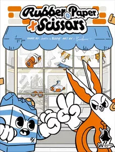 Front cover of Rubber Paper Scissors, featuring colorful artwork with rock, paper, and scissors themes.
