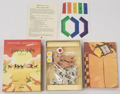 All components of Stubborn Mules, including colored dice, mule and man tokens, and game board.