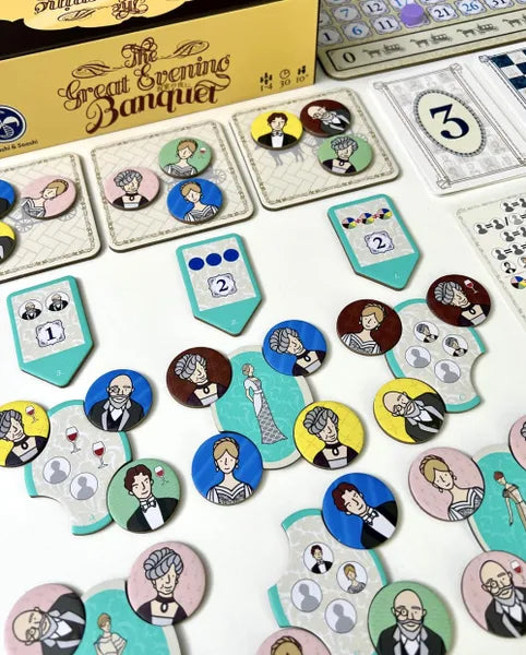 The Great Evening Banquet prepared for play with guest tokens placed at tables.