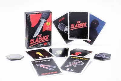 Players cooperating, playing tricks, and evading the killer in The Slasher, the suspenseful horror card game.