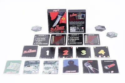 All components of The Slasher, including survival item cards, location cards, and rulebook.