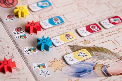 Players deciphering pages and unlocking secrets in The Voynich Puzzle, the cooperative manuscript board game.