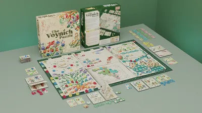 All components of The Voynich Puzzle, including player books, double-page cards, puzzle tiles, and knowledge trackers.