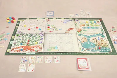The Voynich Puzzle arranged for play with books, cards, and puzzle tiles ready.