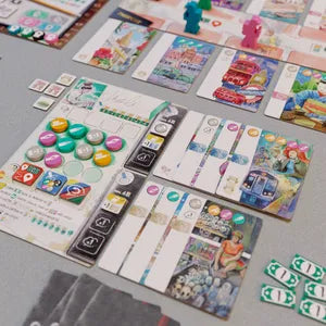 Players traveling, sketching, and publishing reports in Urban Sketchers, the art and travel eurogame.