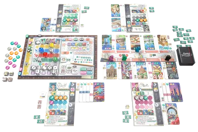 All components of Urban Sketchers, including dice, cards, sketchbooks, and resource tokens.