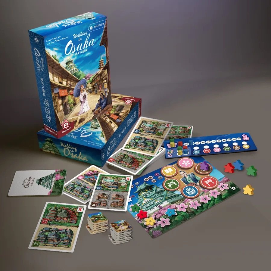 All Walking in Osaka components including town cards, building layers, and player markers.