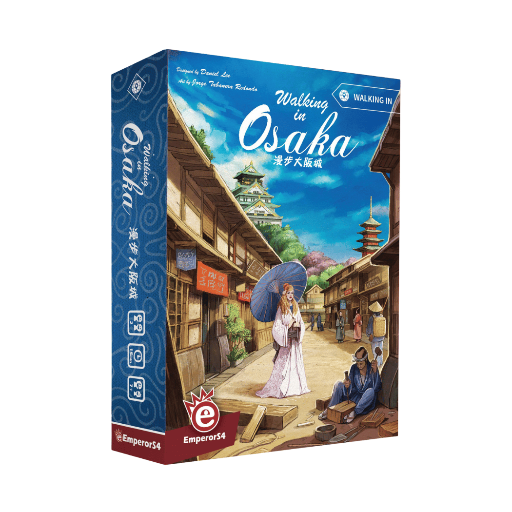 Front cover of Walking in Osaka board game featuring medieval Osaka artwork.