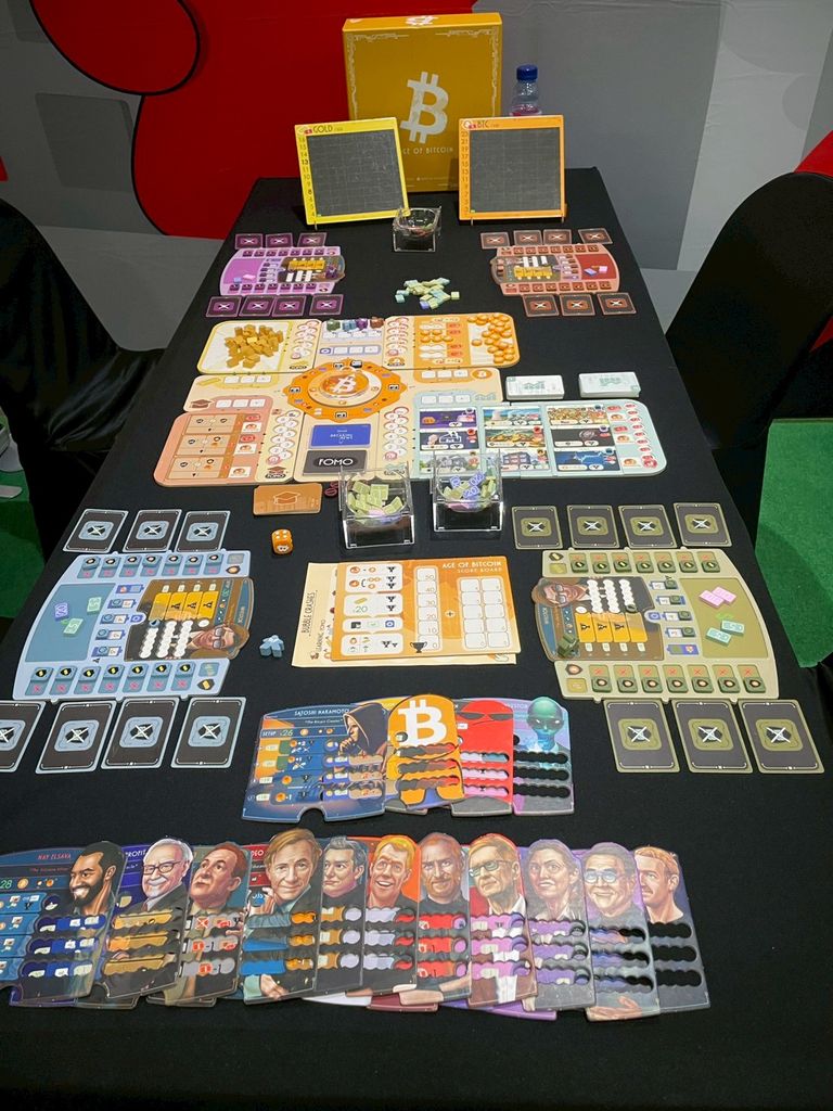 Age of Bitcoin — full game setup with player boards, character cards and price chart boards