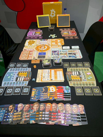 Age of Bitcoin — full game setup with player boards, character cards and price chart boards