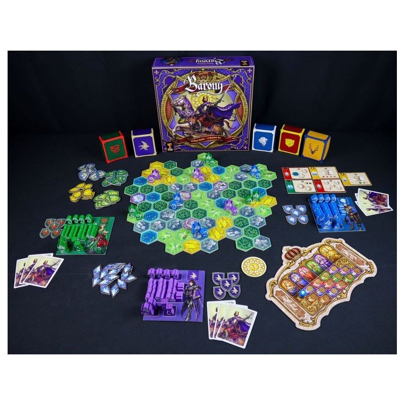 Barony: Royal Edition – Deluxe FR-EN prepared for play with knights, cities, and modular board assembled.