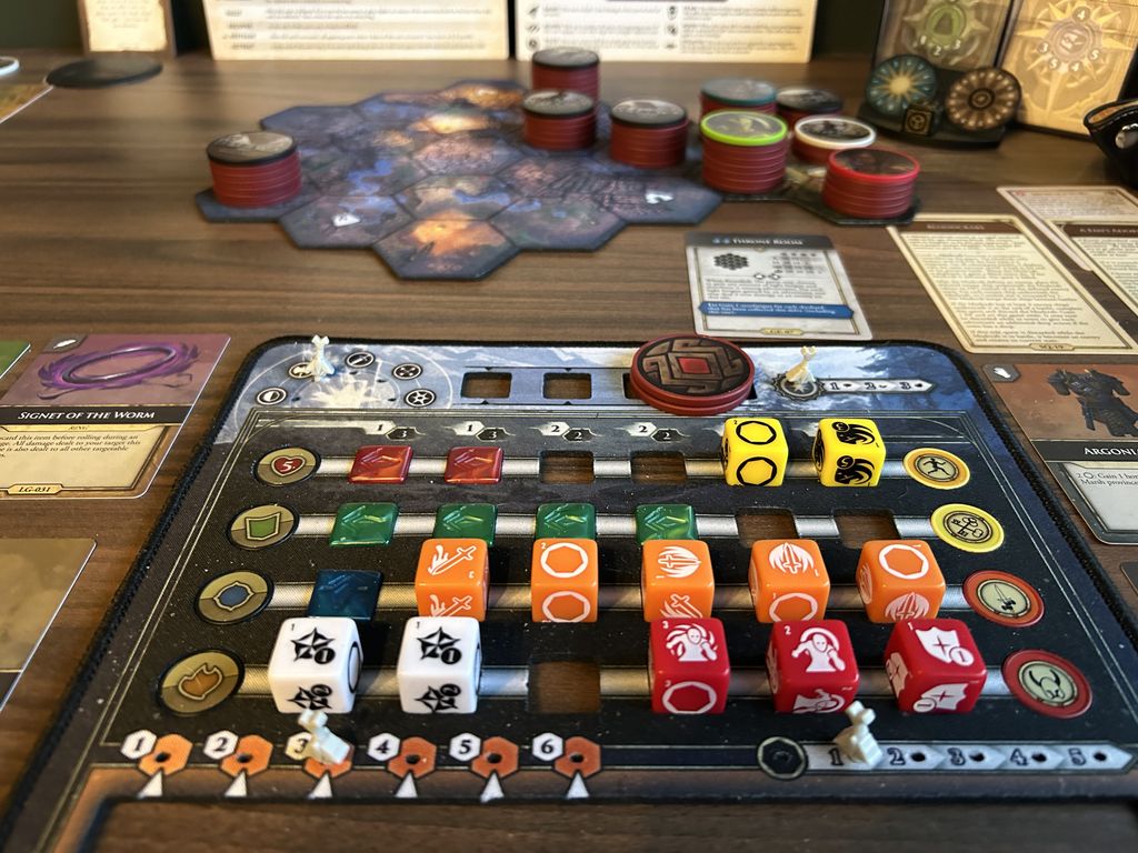 The Elder Scrolls: Betrayal of the Second Era — close-up of a hero dashboard with custom dice and chips