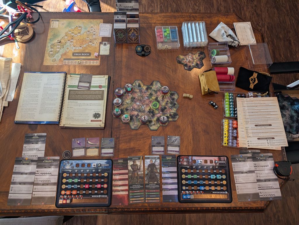 The Elder Scrolls: Betrayal of the Second Era — a game in progress with map, hero dashboards and delve tiles