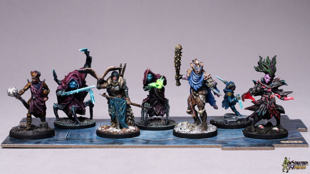 Frosthaven — the six starting character miniatures