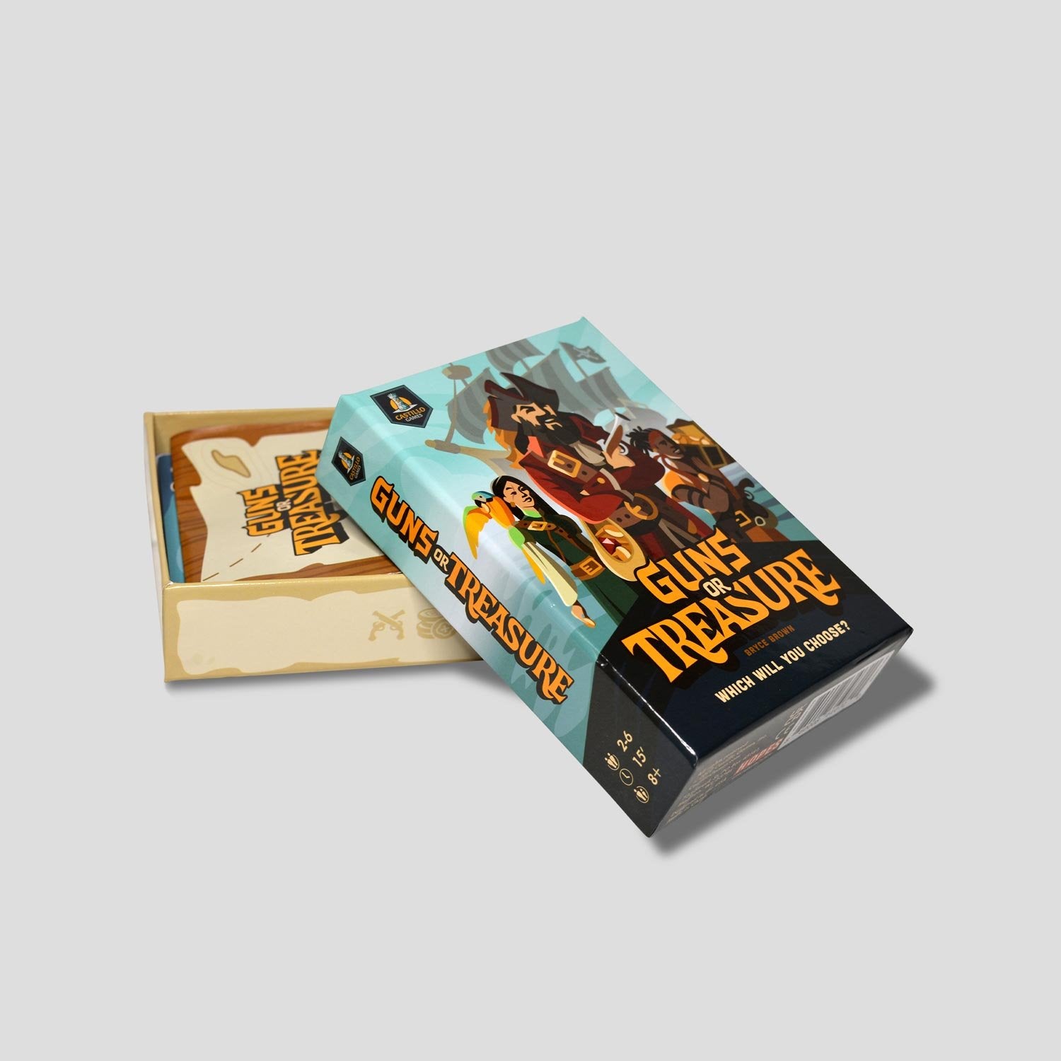 Guns or Treasure game cards and ship-building pieces