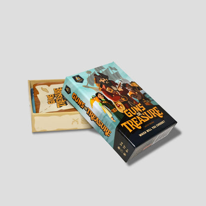 Guns or Treasure game cards and ship-building pieces