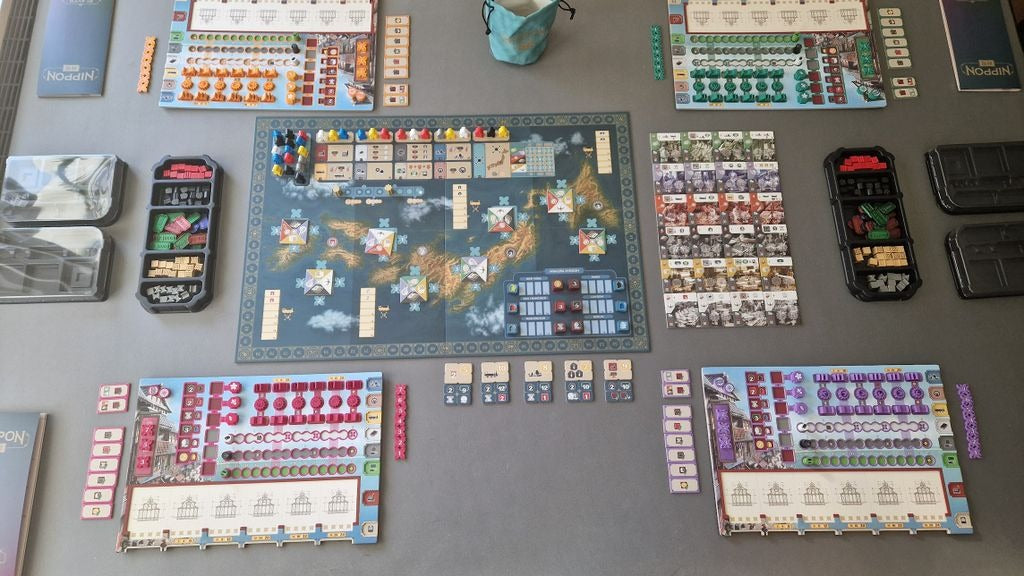 Nippon: Zaibatsu — four-player setup with board and components