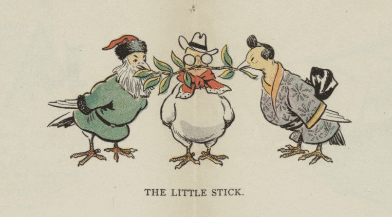 Peace 1905 — period cartoon of Russia, the USA and Japan sharing an olive branch