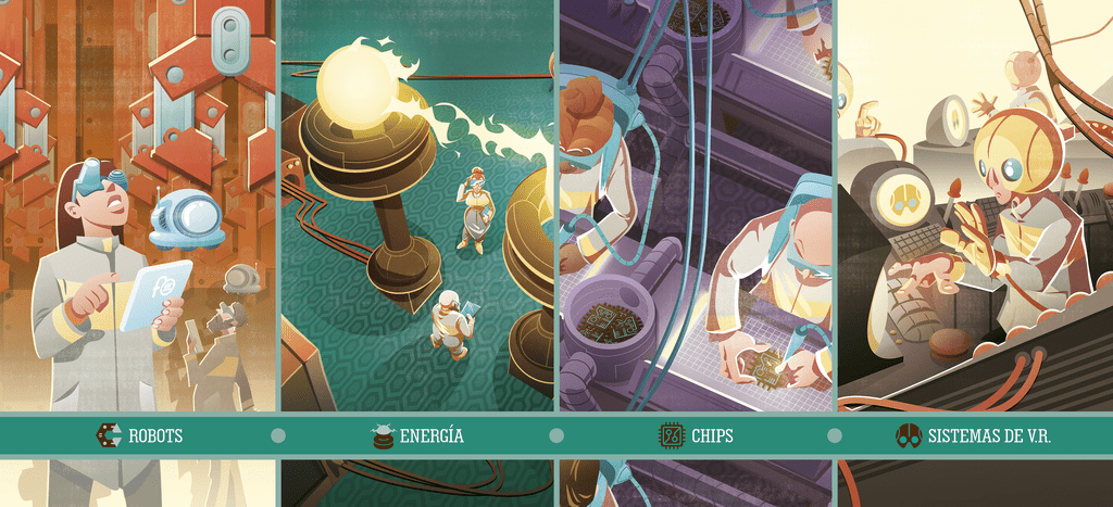 Future Inc. — the four resource types (Robot parts, Energy, Chips, VR Systems)