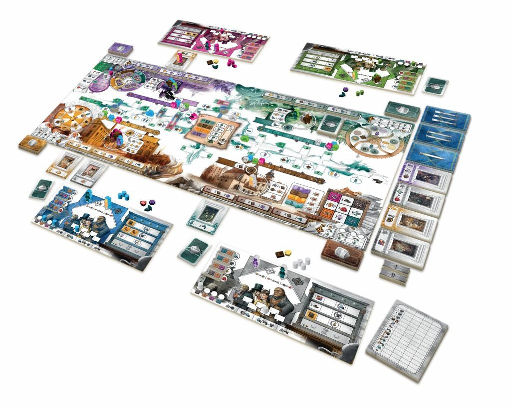 Prague Unseen — full game setup with main board and player boards