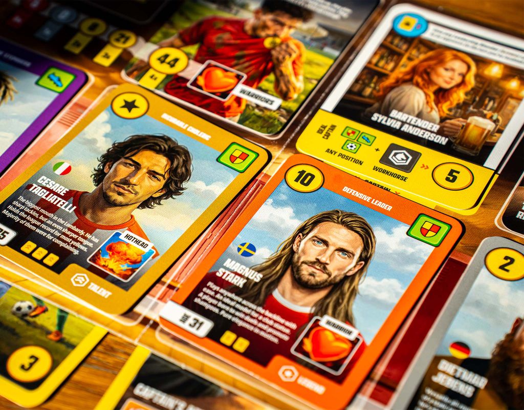 Sunday Manager — player cards laid out in the locker room