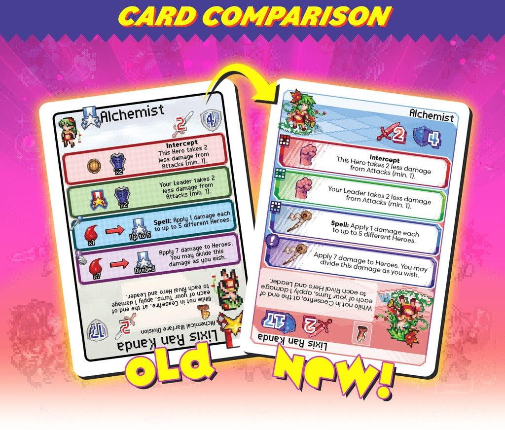 Super Pixel Tactics — old vs. new card design comparison