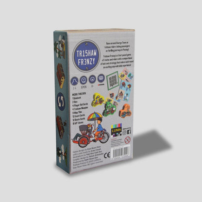 Back of Trishaw Frenzy box with gameplay overview