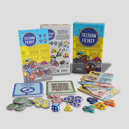 Trishaw Frenzy map tiles, dice, and cards layout