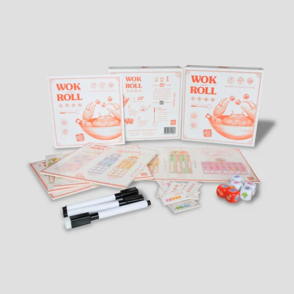 Wok and Roll game cards and dice