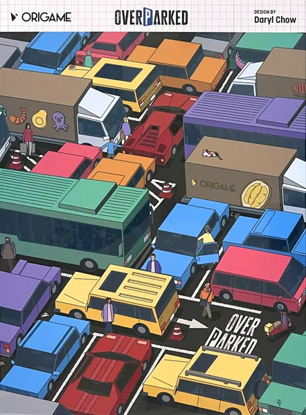 Front cover of Overparked, featuring vibrant artwork of vehicles and a bustling concert parking lot.
