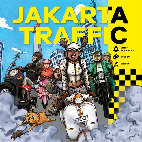Front cover of Jakarta Traffic, featuring vibrant city and moped artwork.