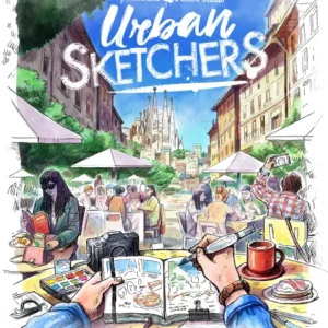 Front cover of Urban Sketchers, featuring vibrant artwork of artists sketching city scenes.