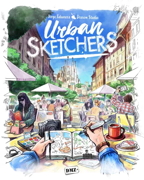 Front cover of Urban Sketchers, featuring vibrant artwork of artists sketching city scenes.